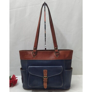 Patricia Nash Blue Leather Front Buckle Pocket Double Handles Tote Bag